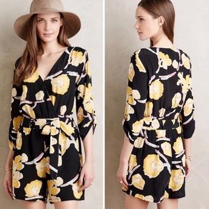 Anthro black floral print faux wrap shorts romper